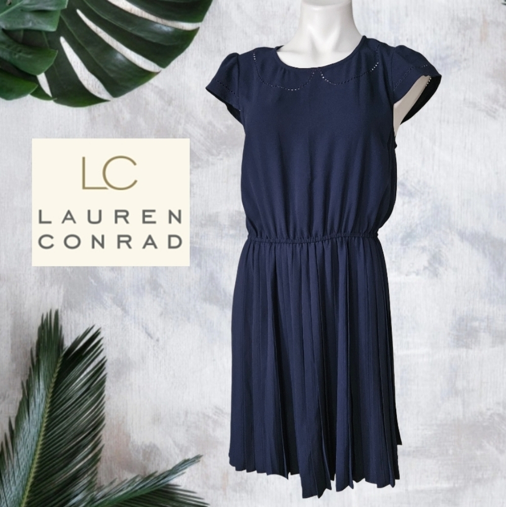 LAUREN CONRAD Women’s Navy Blue Pleated Dress  Cap Sleeve